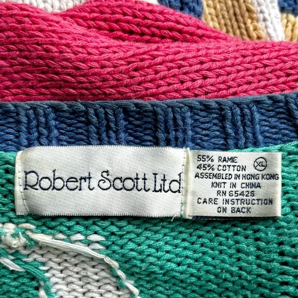 ROBERT SCOTT LTD Hand Knit Ramie Blend Colorblock V-Neck Tropical Golf Cardigan - Picture 13 of 14